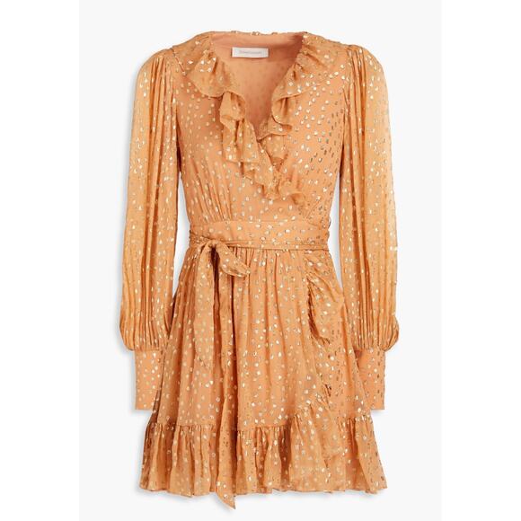 Zimmermann Dresses & Skirts - Zimmermann Lurex Wrap Mini Dress Chiffon Sheer Lined Dolman Caramel Gold Size 0
